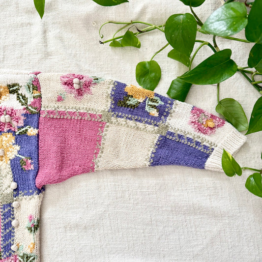 Vintage 90s Hand Knit Cardigan Sweater | 3D Floral Size L