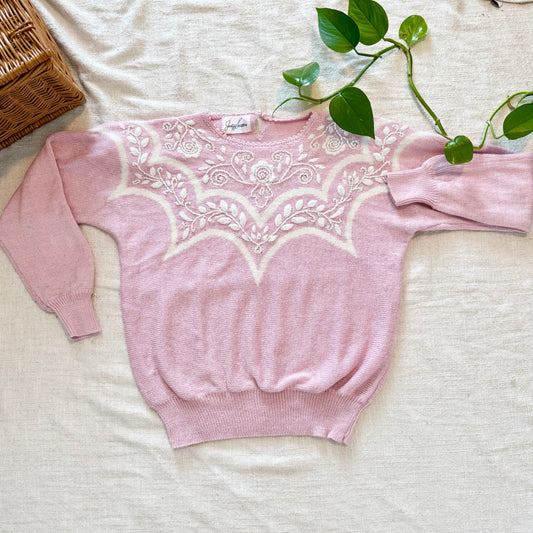Vintage Jaclyn Smith Pink Embroidered Sweater – Cottagecore Knit – Women’s Size M/L
