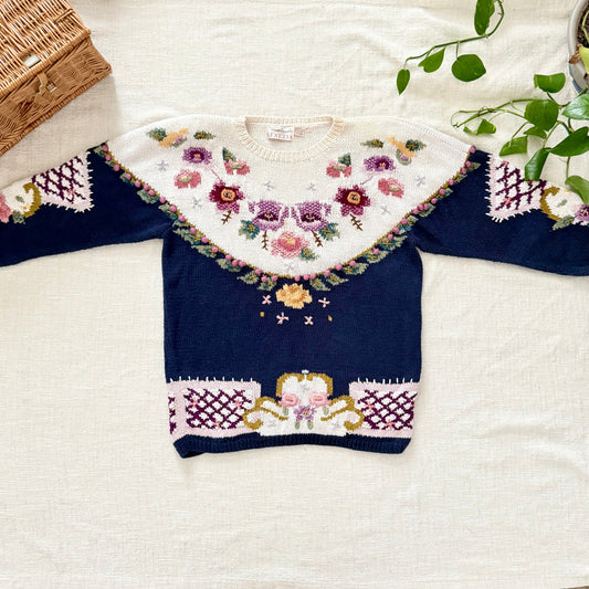 Vintage Black Pink Floral Fair Isle Hand Knit Sweater | Cottagecore Grandpa Chic M/L