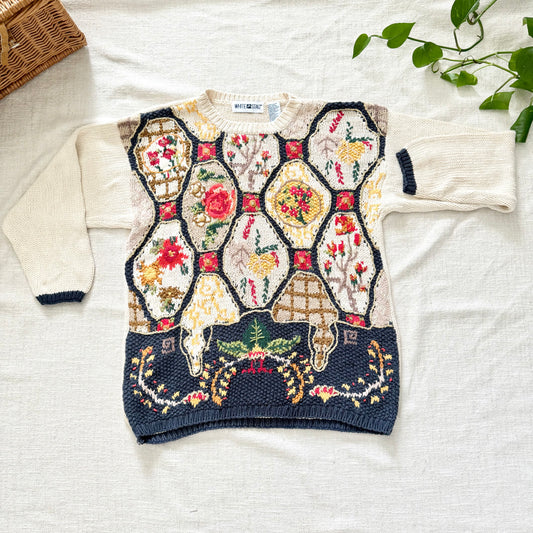 Vintage 90s White Stag Floral Patchwork Knit Sweater M