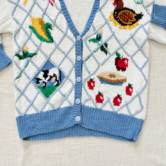 Marisa Christina Americana Cardigan Sweater | Embroidered Cow, Rooster, Flag | Ramie Cotton Knit