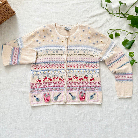 Vintage Hand Knit Wool Cardigan Sweater | Pastel Floral Cherry