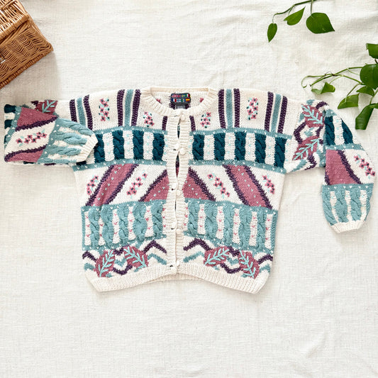 Vintage Floral Fair Isle Cardigan | Hand Knit Sweater Size L
