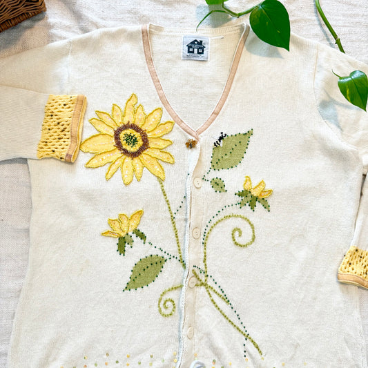 Vintage Storybook Knits Sunflower Cardigan – “Bee My Sunshine” Sweater, Granny Core Style + Bee Pin
