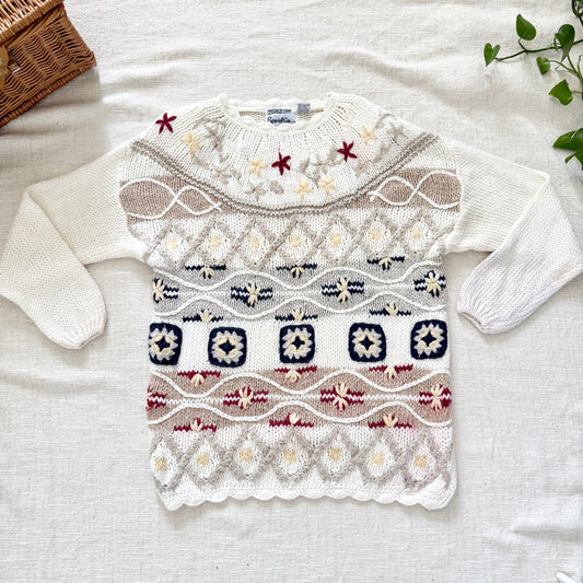 Vintage 90s Chunky Knit Floral Sweater | Cottagecore Granny Pullover Size S