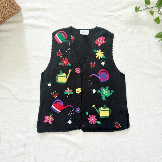 Vintage 80s Mandal Bay Garden Bugs Knit Vest | Cottagecore Nature Frog Butterfly Floral L