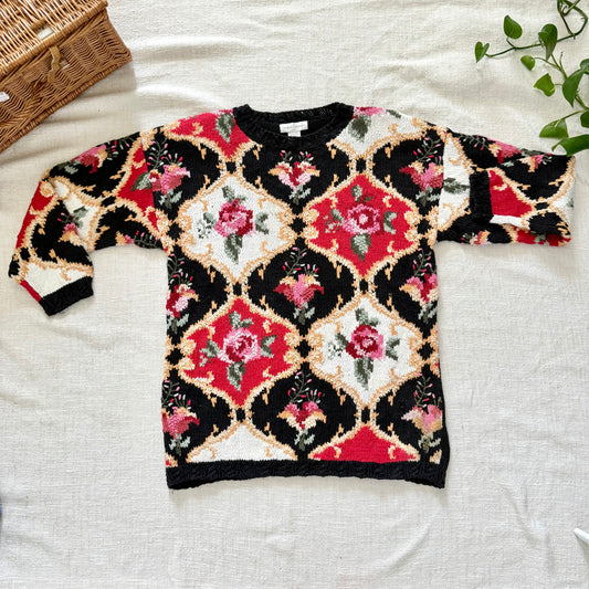 Vintage 80s Casual Corner Rose Tapestry Knit Sweater | Black Floral Pullover Medium