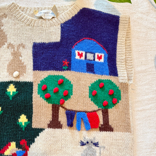 AS IS Vintage Eagles Eye 80s Shetland Wool Sweater Vest | 3D Farm Scene Knit