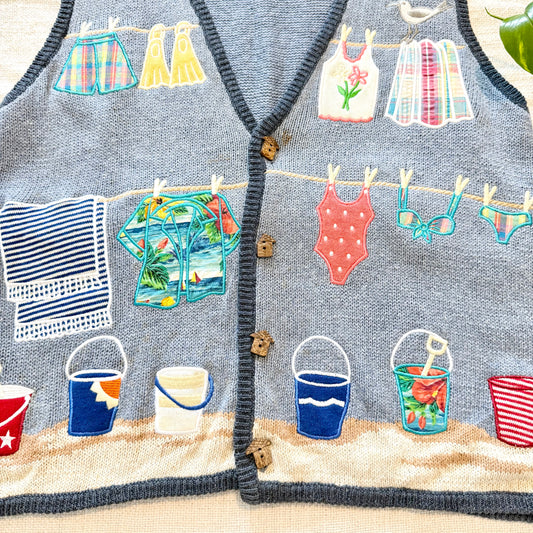 AS IS Vintage Mandalay Bay Beach Theme Embroidered Sweater Vest Blue Small Women Novelty
