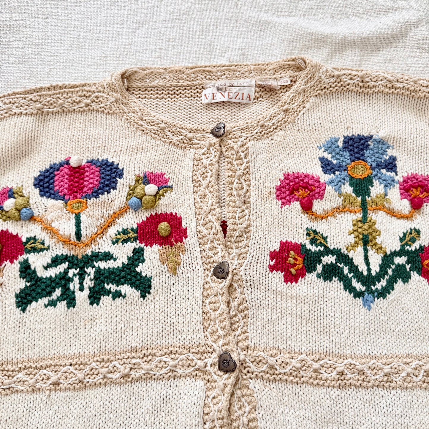 AS IS Venezia Handmade Ramie Cotton Knit Cardigan | Floral Grannycore Cottagecore Sweater