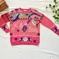 Rare Vintage Hand-Knit Animal Intarsia Sweater M | Pink Embroidered Folk Art Pullover