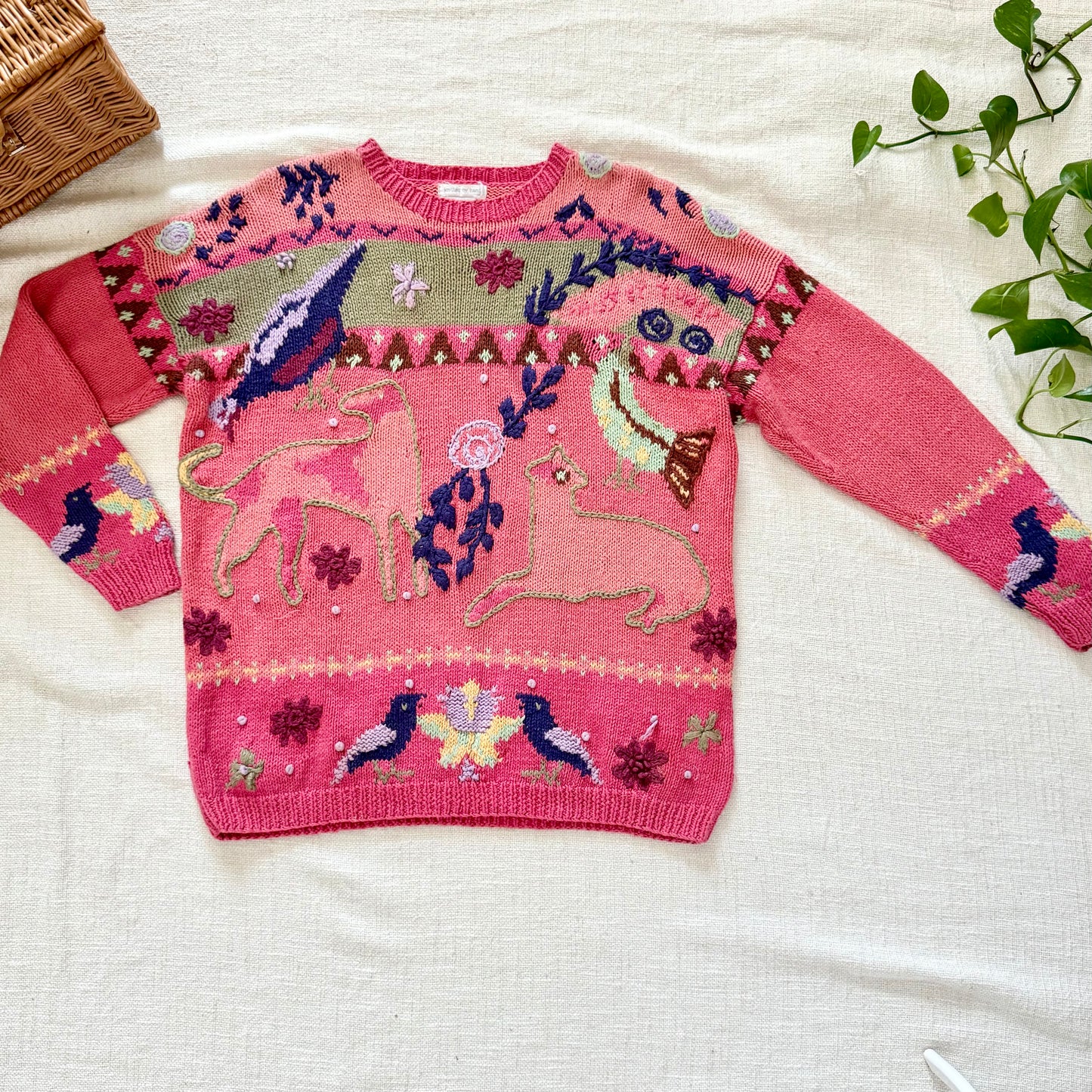 Rare Vintage Hand-Knit Animal Intarsia Sweater M | Pink Embroidered Folk Art Pullover
