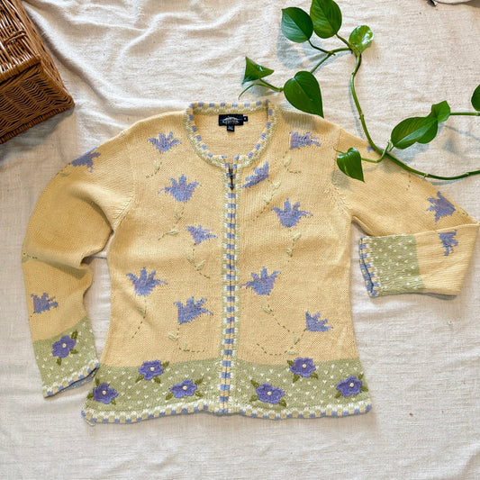 Vintage Icelandic Design Knit Sweater – Pastel Floral Button-Up Crewneck, Women’s M