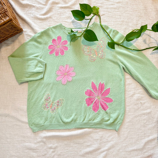 Vintage 80s Alfred Dunner Knit Sweater – Lime Green Floral Butterfly Beaded Pullover | Size 1X