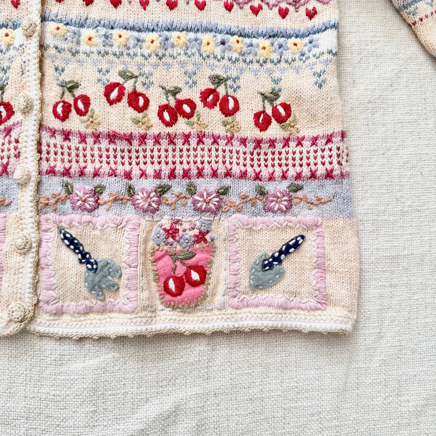 Vintage Hand Knit Wool Cardigan Sweater | Pastel Floral Cherry