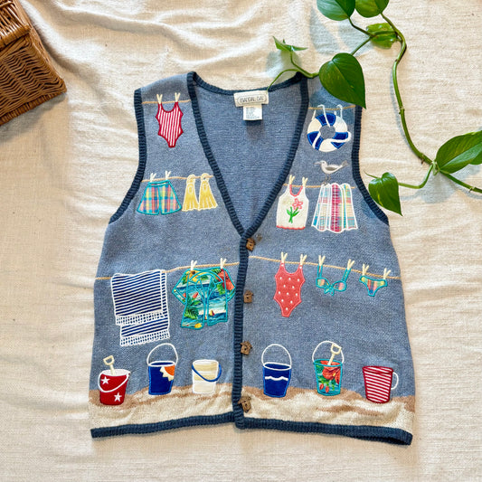 AS IS Vintage Mandalay Bay Beach Theme Embroidered Sweater Vest Blue Small Women Novelty