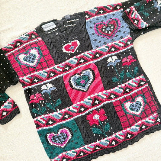 Vintage 90s Hand Knit Heart Floral Sweater Size XL Pullover