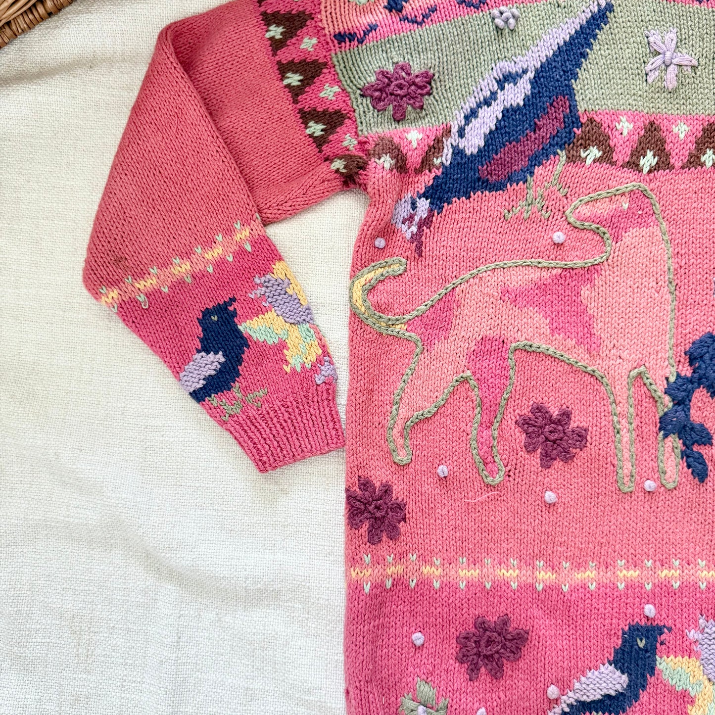 Rare Vintage Hand-Knit Animal Intarsia Sweater M | Pink Embroidered Folk Art Pullover