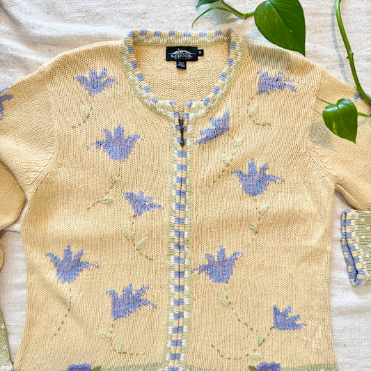 Vintage Icelandic Design Knit Sweater – Pastel Floral Button-Up Crewneck, Women’s M