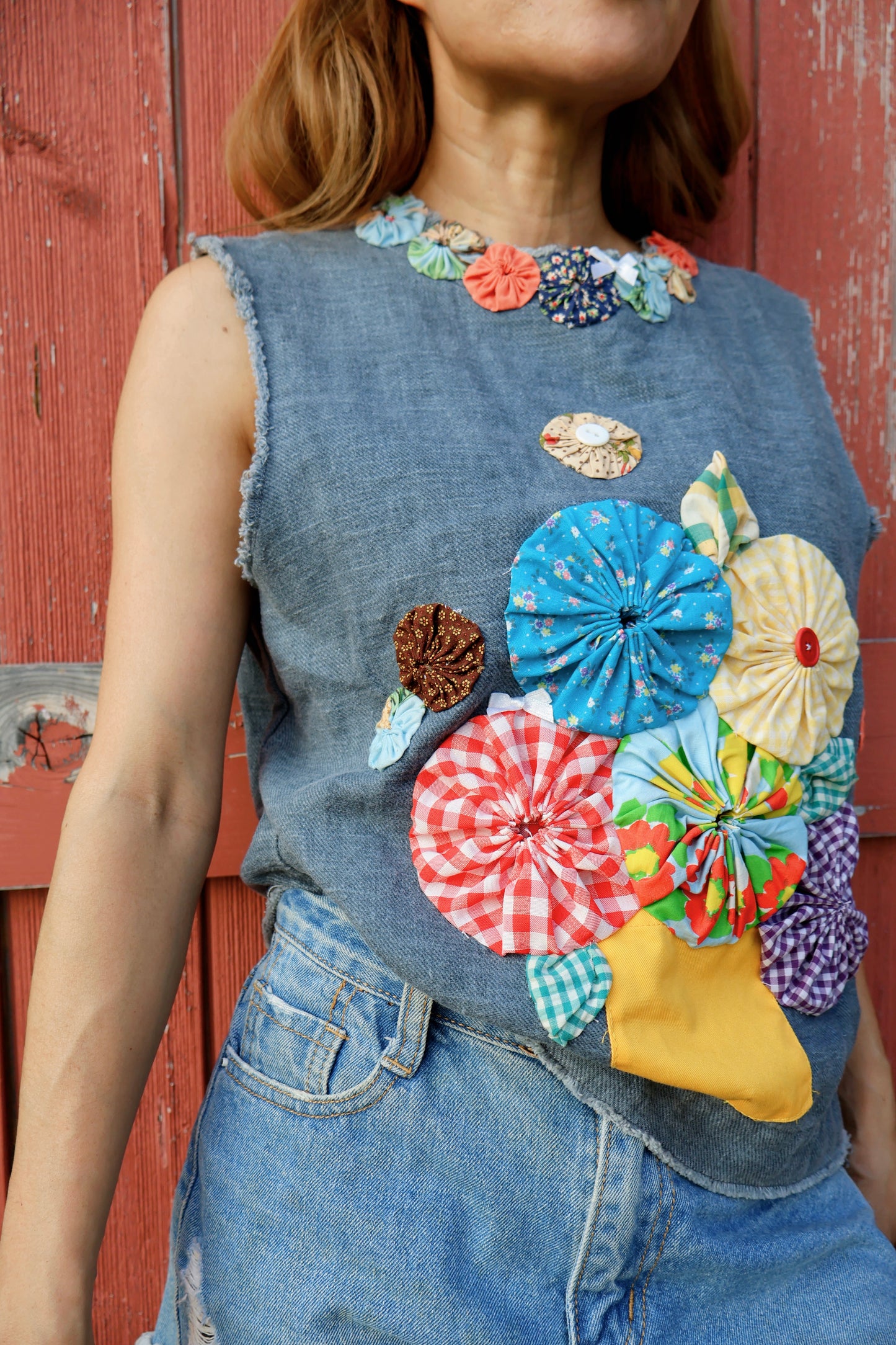 Marigold Yo-Yo Bouquet Denim Top