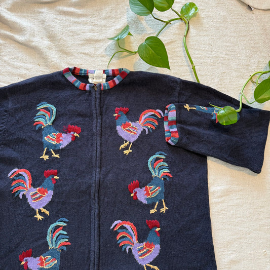 Vintage Christopher & Banks Rooster Sweater – Navy Hand Embroidered Cottagecore Country Knit | Size XL