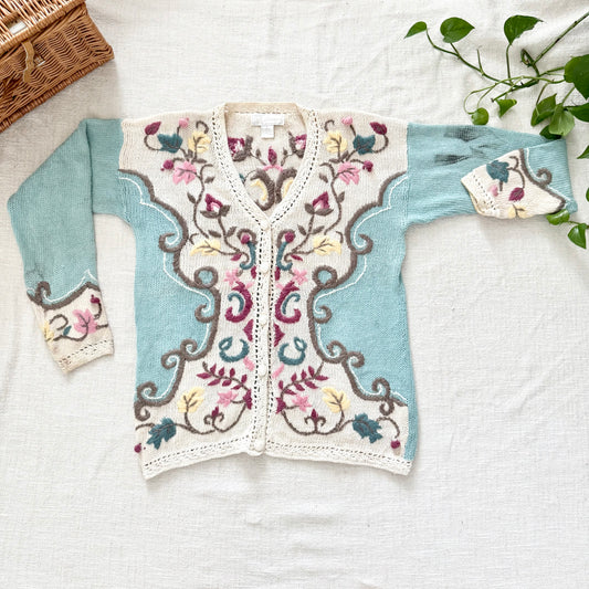 Vintage 90s Blue Floral Knit Sweater