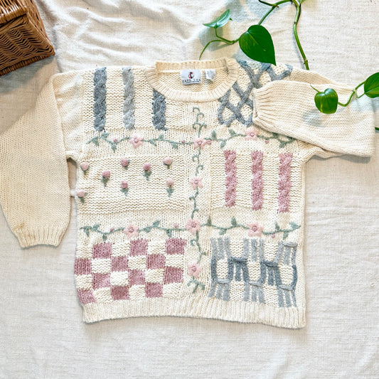 AS IS Vintage 80s Cream Cable Knit Sweater – Embroidered Floral Cottagecore | Cape Cod Sportswear