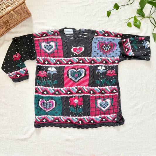 Vintage 90s Hand Knit Heart Floral Sweater Size XL Pullover