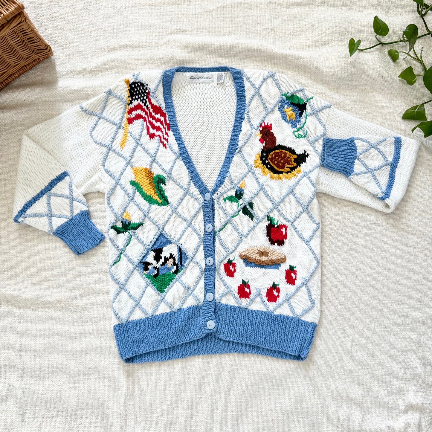 Marisa Christina Americana Cardigan Sweater | Embroidered Cow, Rooster, Flag | Ramie Cotton Knit