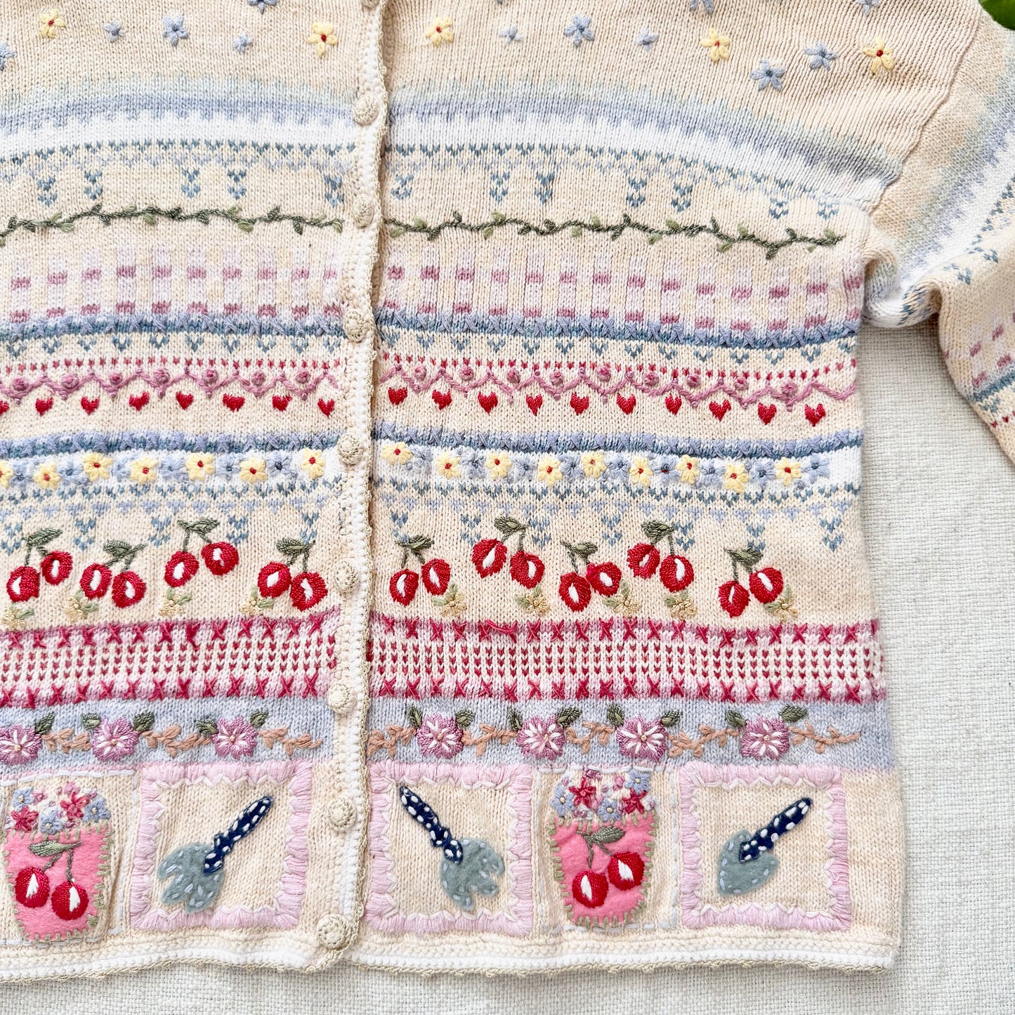 Vintage Hand Knit Wool Cardigan Sweater | Pastel Floral Cherry