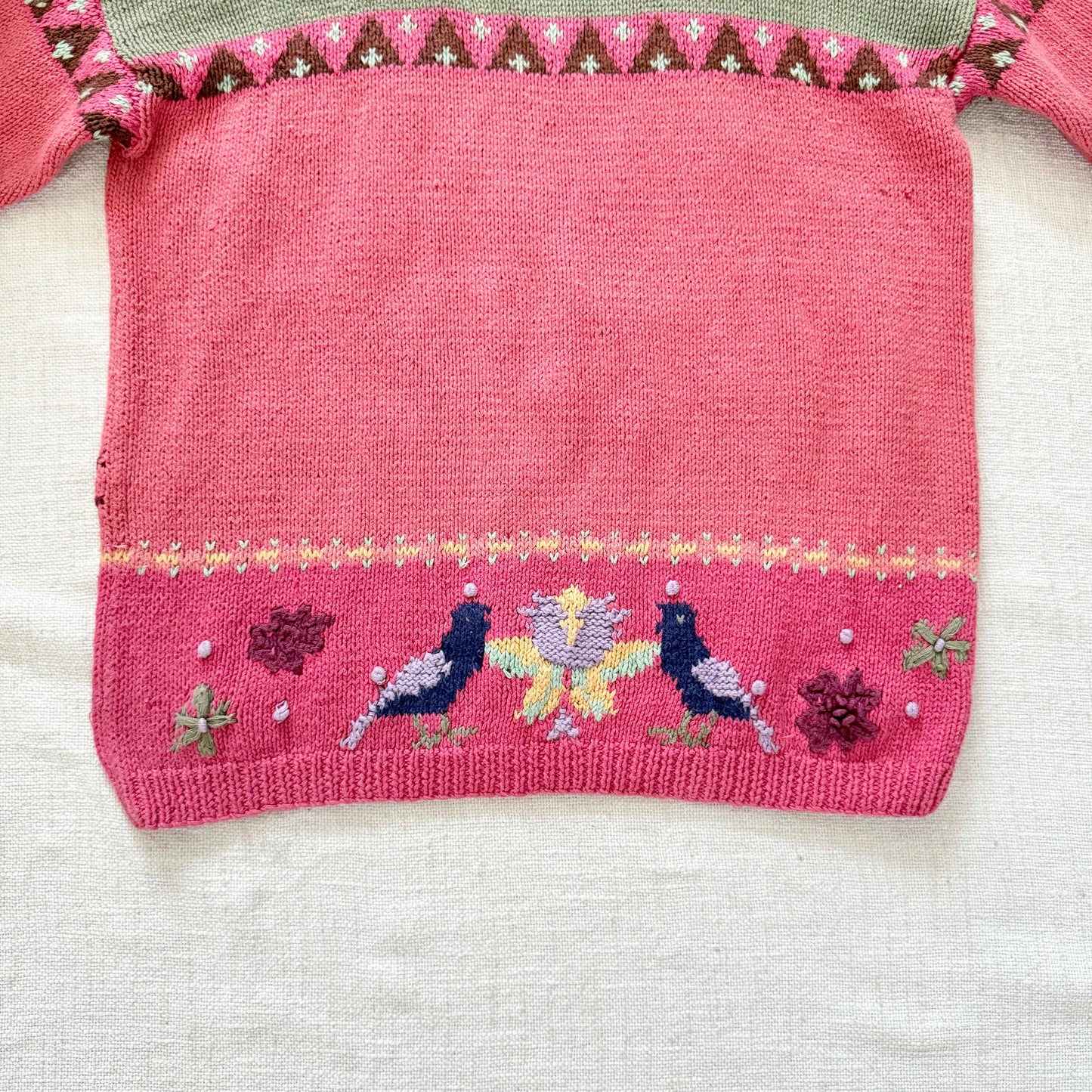 Rare Vintage Hand-Knit Animal Intarsia Sweater M | Pink Embroidered Folk Art Pullover