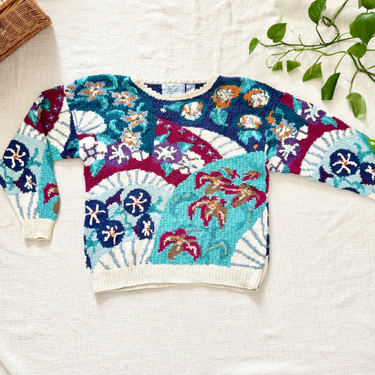 Signature by Northern Isles Hand Knit Sweater L | Floral Botanical Art Pullover