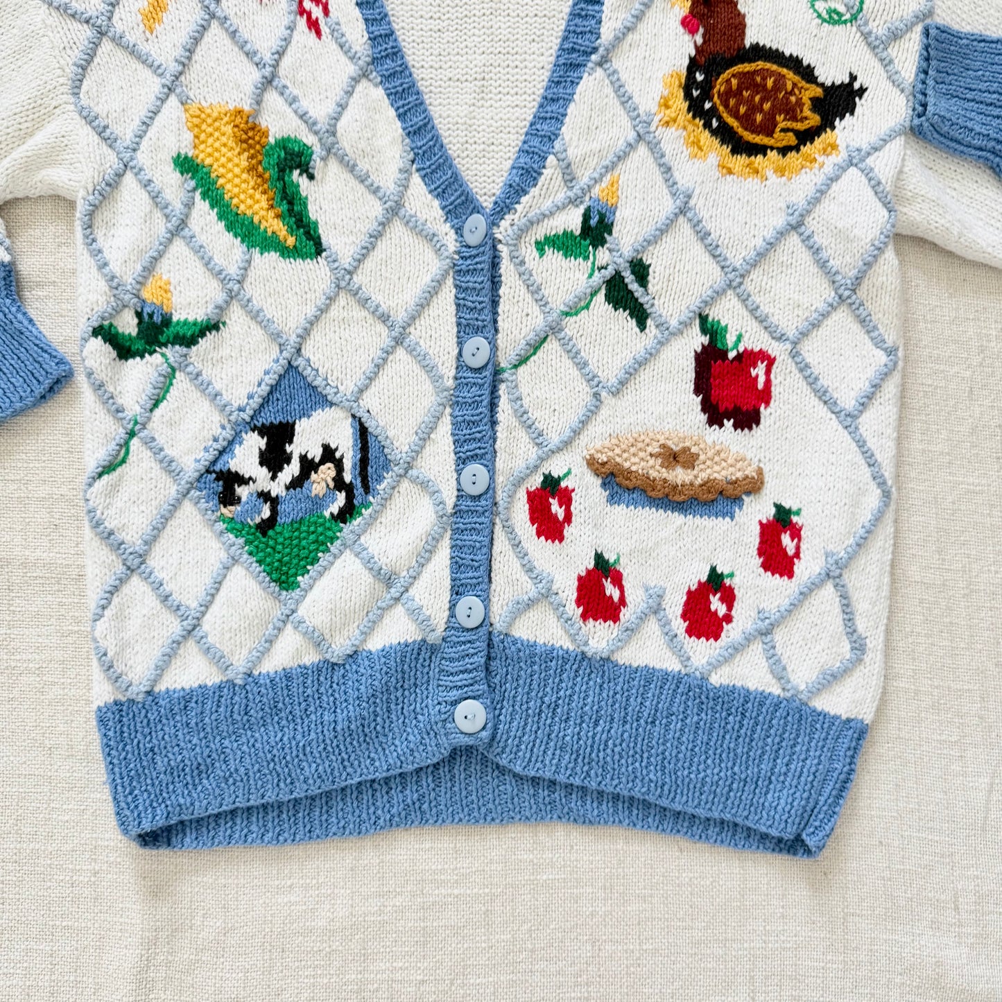Marisa Christina Americana Cardigan Sweater | Embroidered Cow, Rooster, Flag | Ramie Cotton Knit