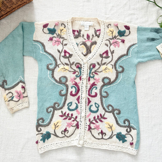 Vintage 90s Blue Floral Knit Sweater