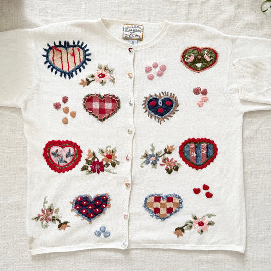 AS IS Vintage 90s Heart Floral Cardigan | Grannycore Cottagecore Knit Sweater