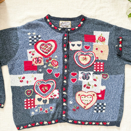 Vintage Heirloom Collectibles Heart Knit Cardigan Sweater XL