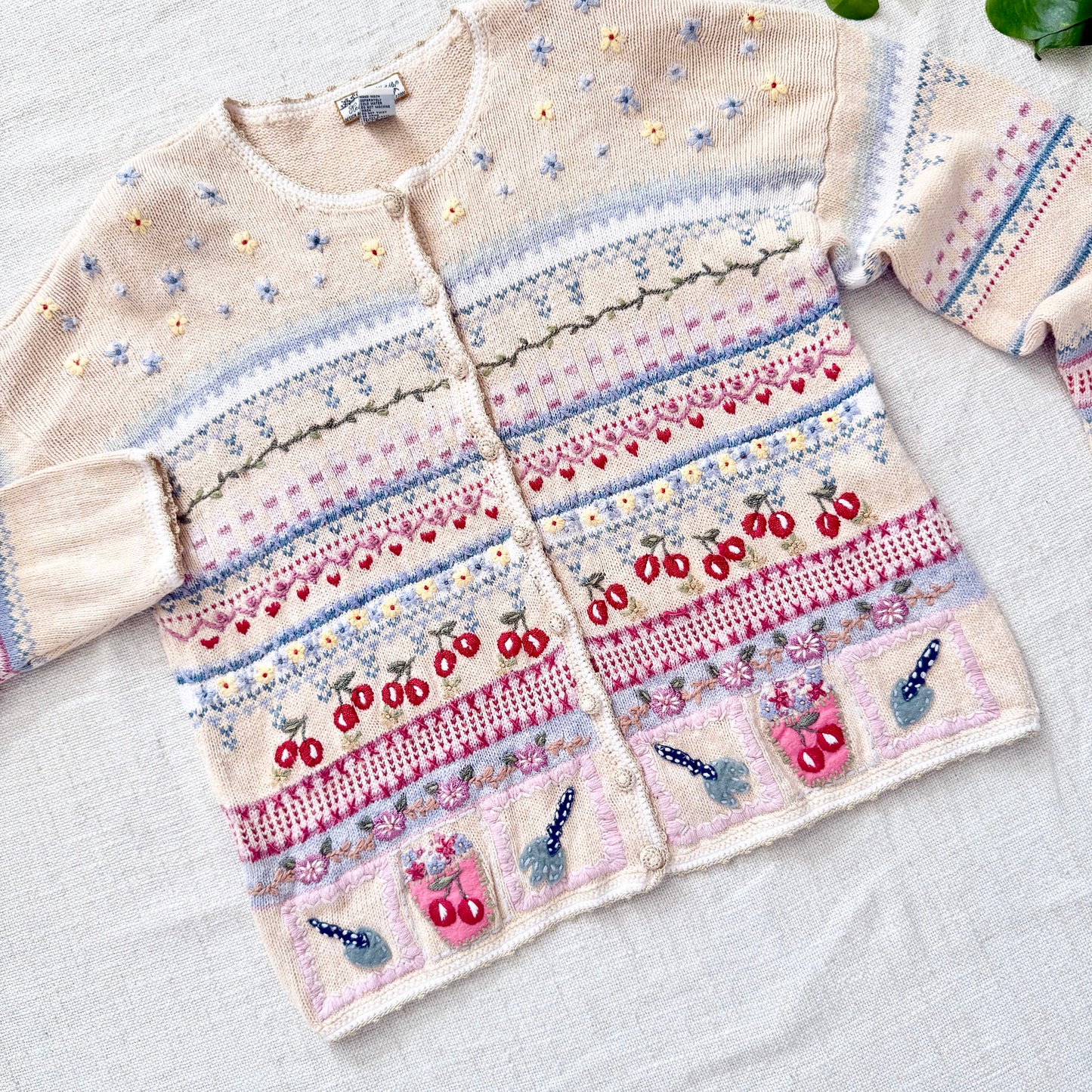 Vintage Hand Knit Wool Cardigan Sweater | Pastel Floral Cherry