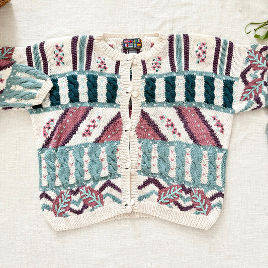 Vintage Floral Fair Isle Cardigan | Hand Knit Sweater Size L