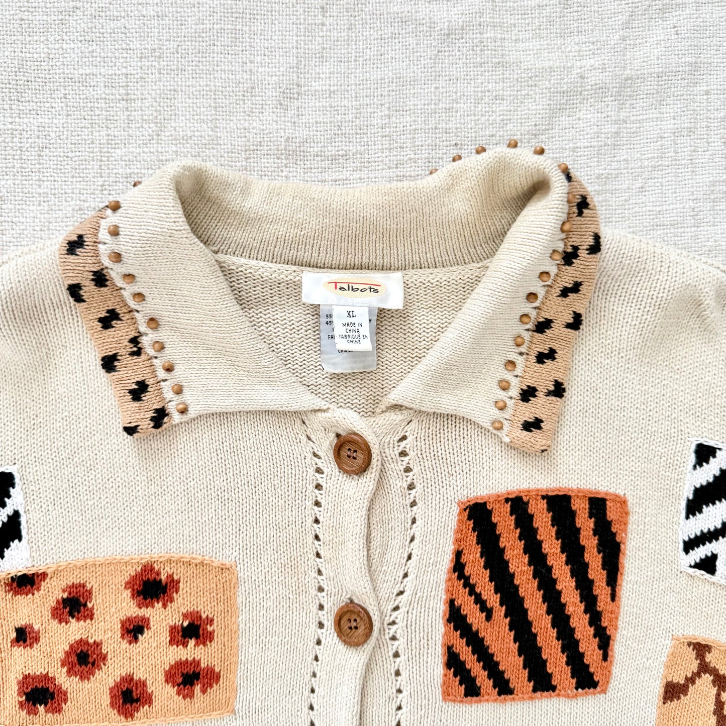 Vintage Talbots Animal Print Sweater | Beaded Collar Knit Pullover XL