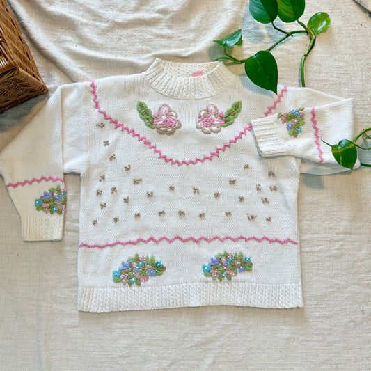 Vintage 1990s Pink & Purple Floral Ramie Cotton Sweater – Cottagecore Granny Style – Medium