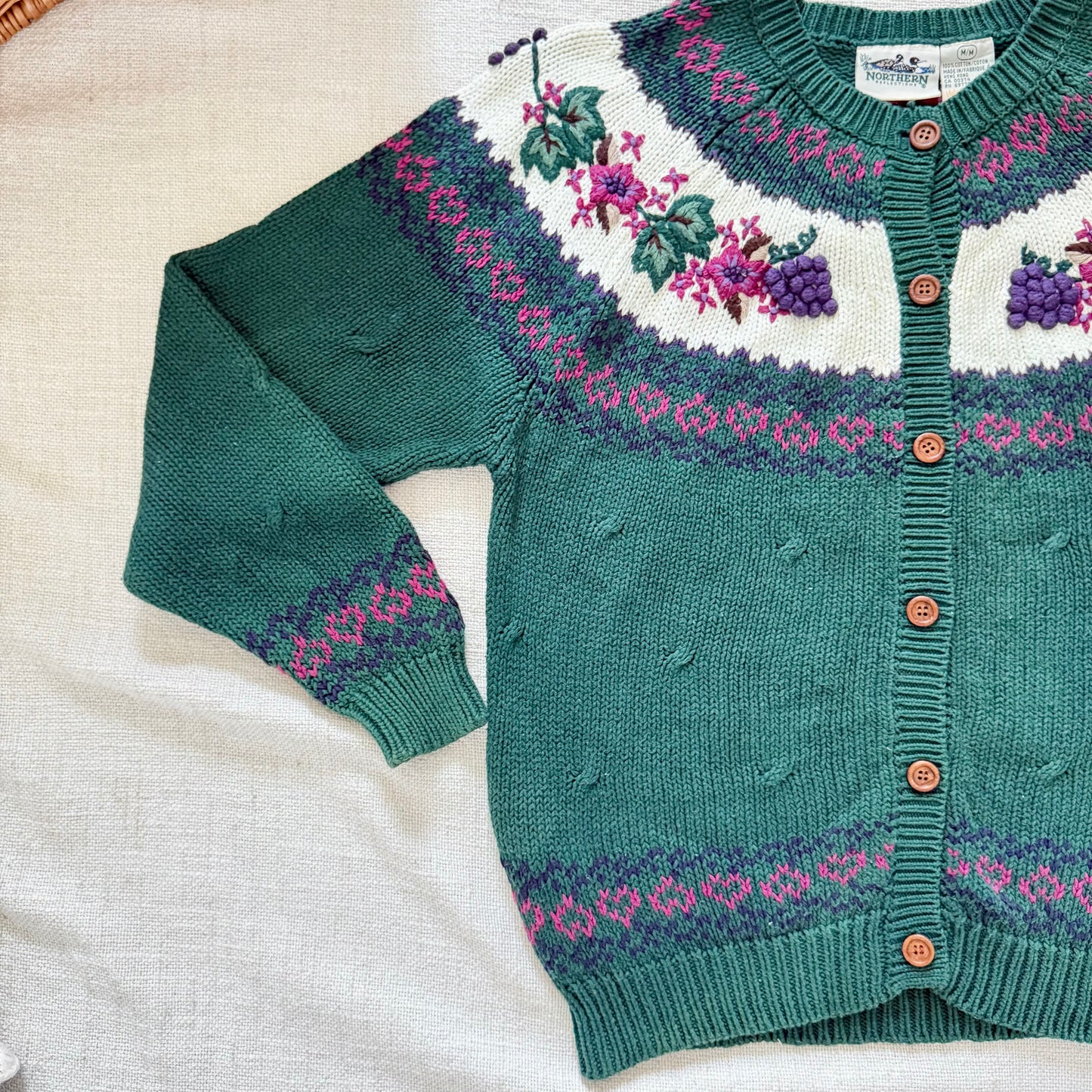 Northern Isles Cotton Cardigan | 90s Hand-Embroidered Floral Grapevine Knit Sweater