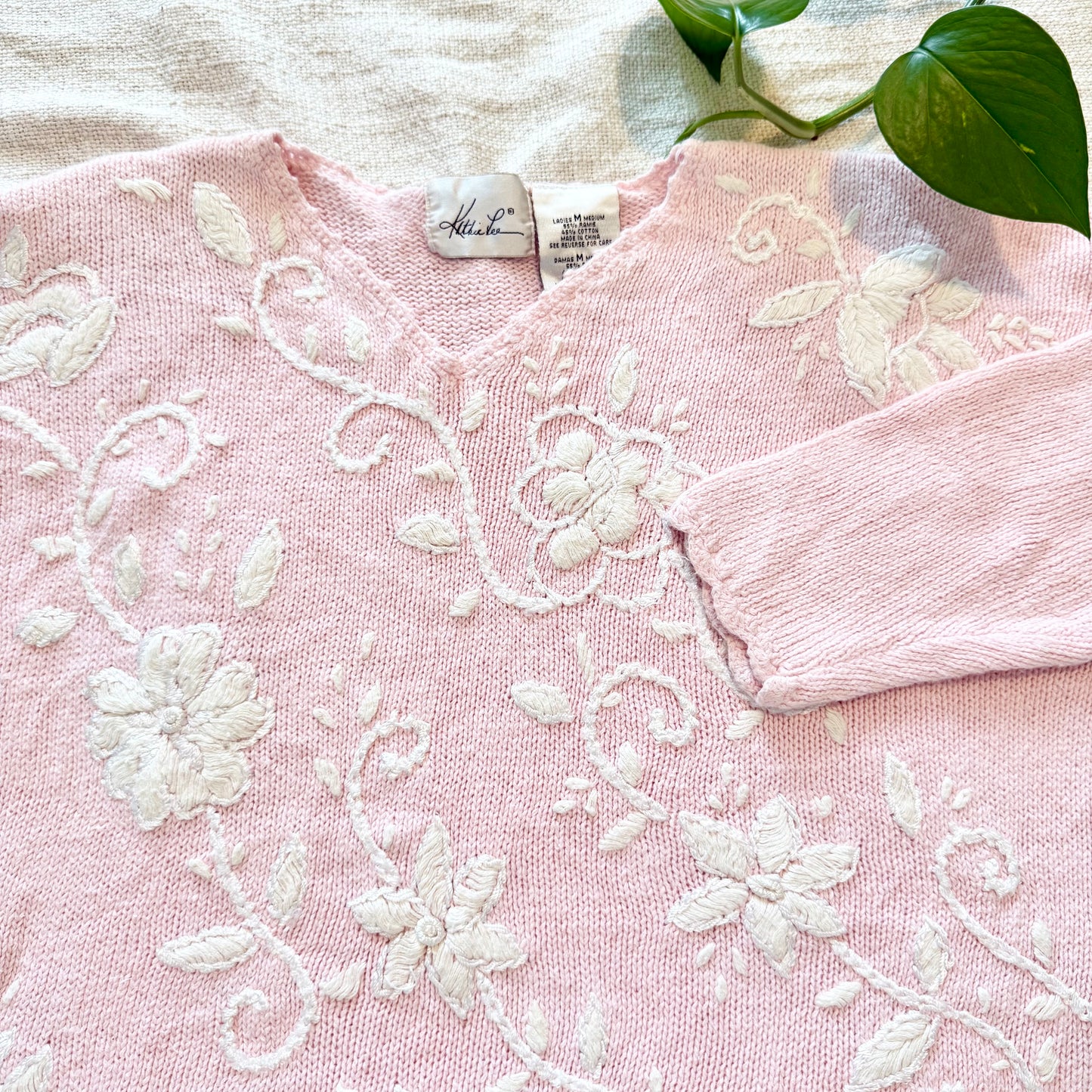 VTG Pink Angora Embroidered Sweater – Coquette Pastel Floral Knit | Size M