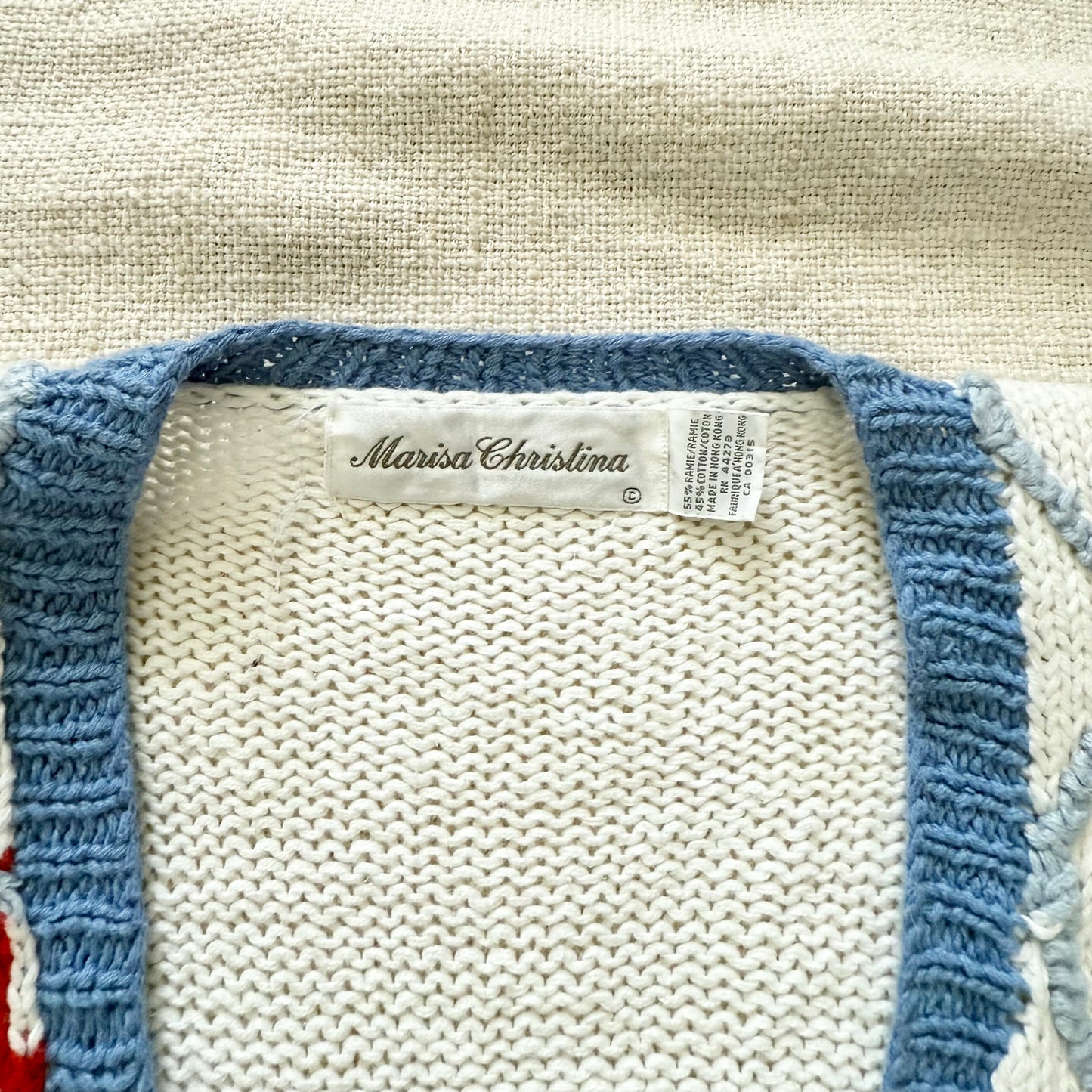 Marisa Christina Americana Cardigan Sweater | Embroidered Cow, Rooster, Flag | Ramie Cotton Knit