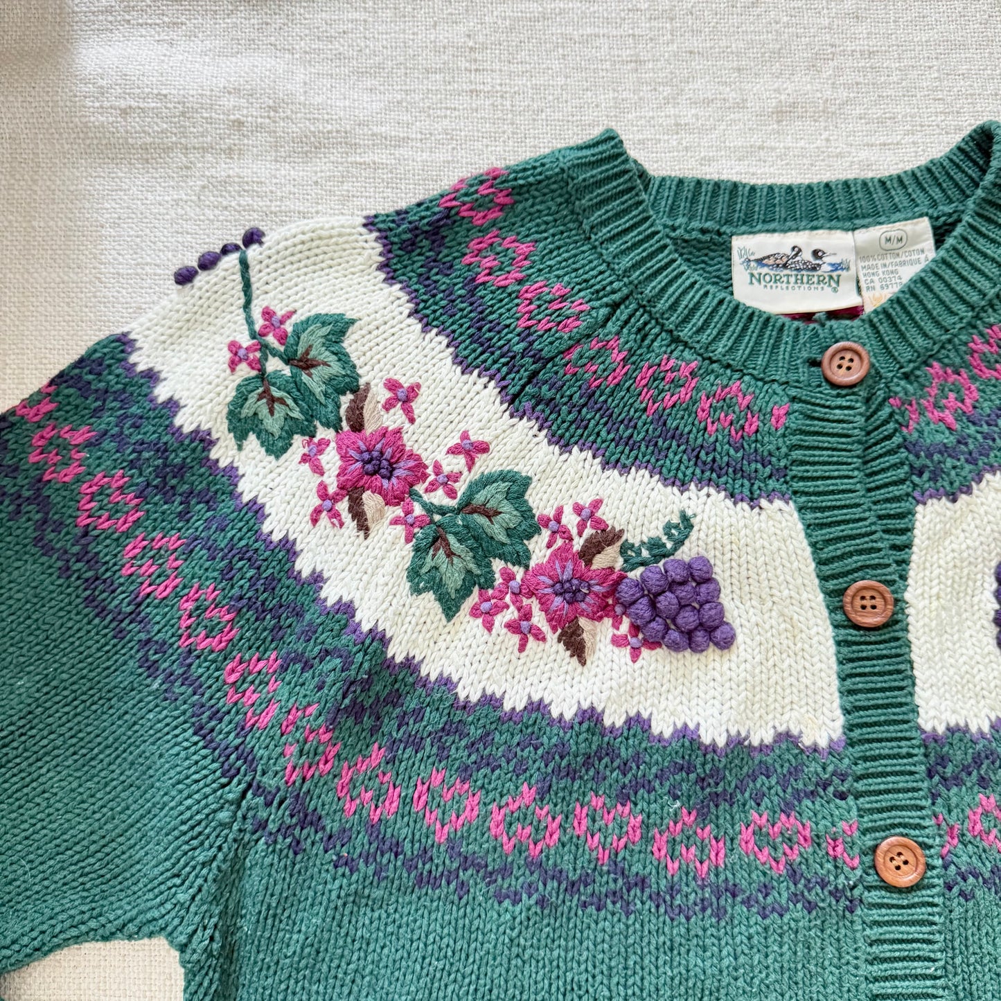 Northern Isles Cotton Cardigan | 90s Hand-Embroidered Floral Grapevine Knit Sweater