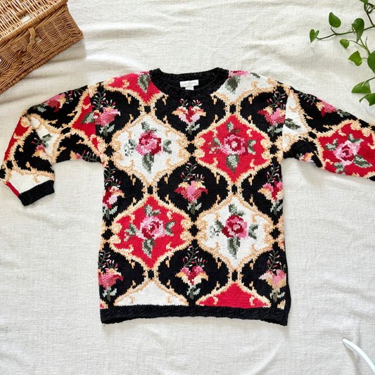 Vintage 80s Casual Corner Rose Tapestry Knit Sweater | Black Floral Pullover Medium