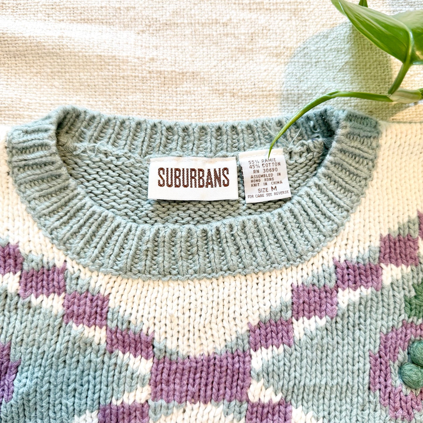 Vintage 90s Knit Sweater: Blue Lilac Floral Embroidered Prep Style