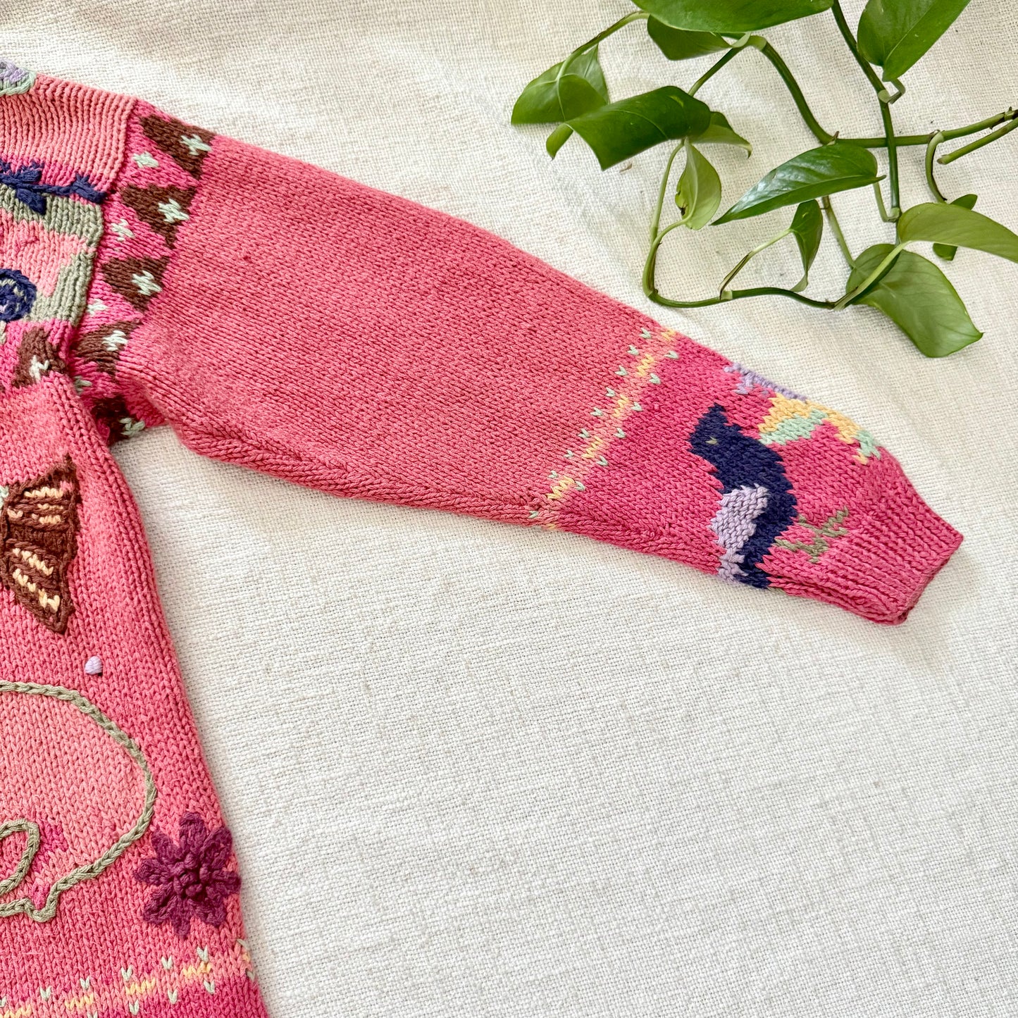 Rare Vintage Hand-Knit Animal Intarsia Sweater M | Pink Embroidered Folk Art Pullover