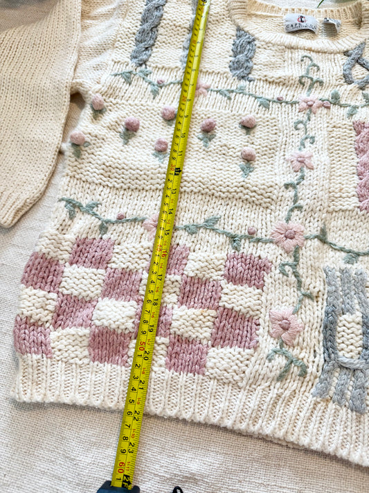 AS IS Vintage 80s Cream Cable Knit Sweater – Embroidered Floral Cottagecore | Cape Cod Sportswear
