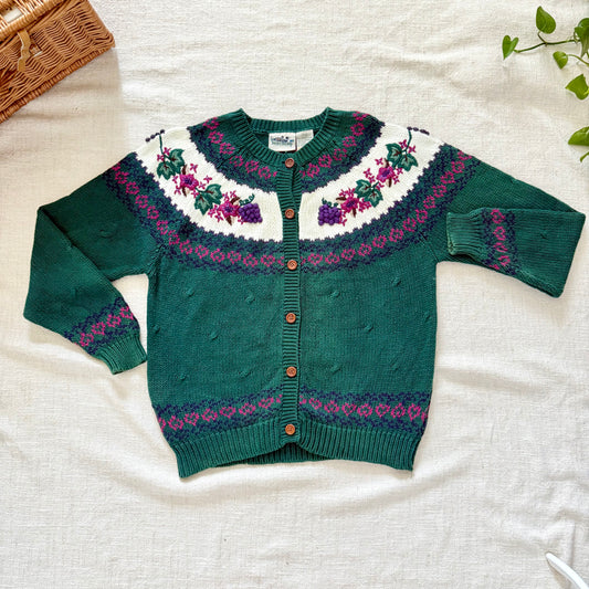 Northern Isles Cotton Cardigan | 90s Hand-Embroidered Floral Grapevine Knit Sweater