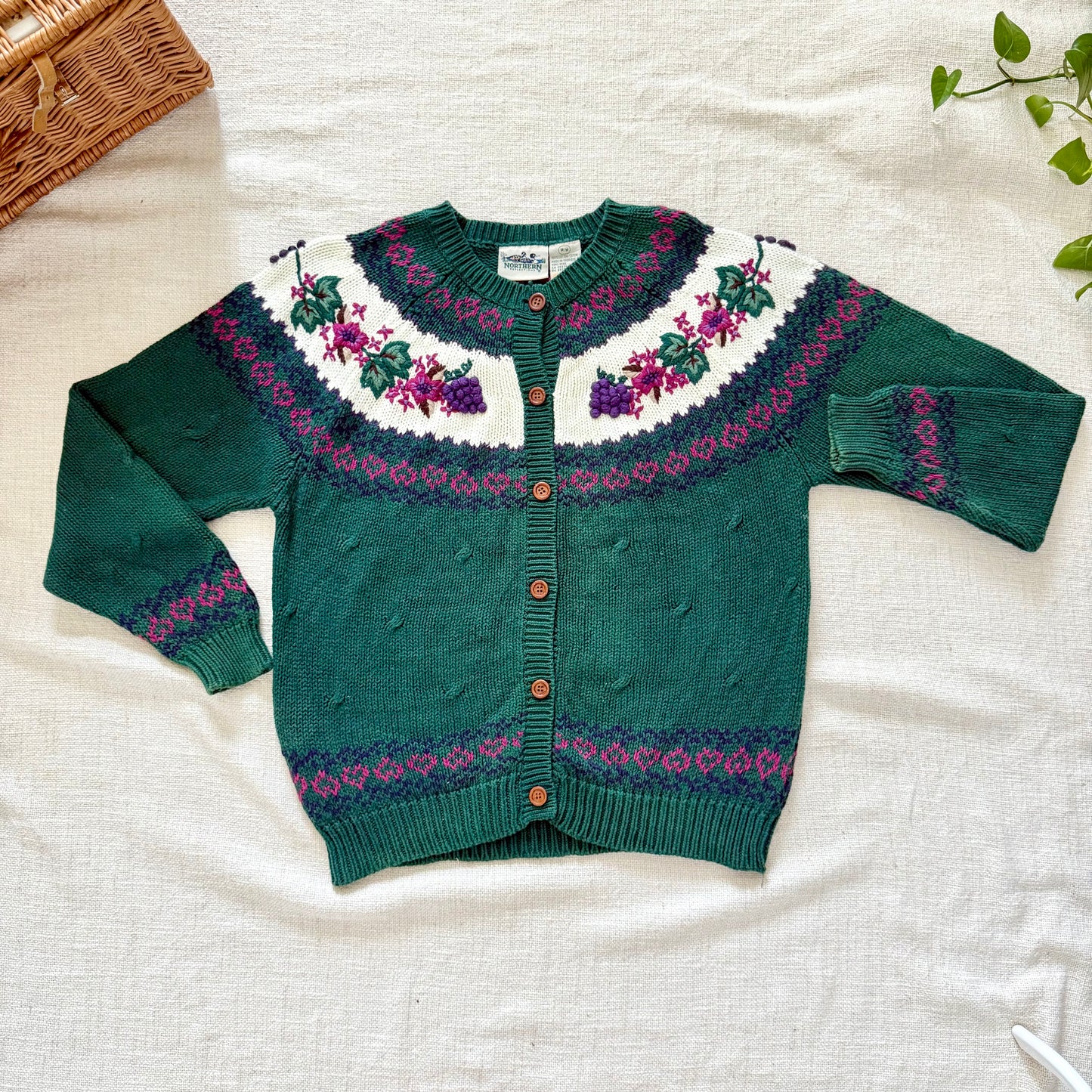 Northern Isles Cotton Cardigan | 90s Hand-Embroidered Floral Grapevine Knit Sweater